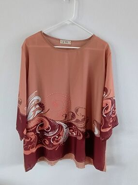 MIG Boho Flowy Blouse Peach Terracotta Poncho Style Lightweight Top